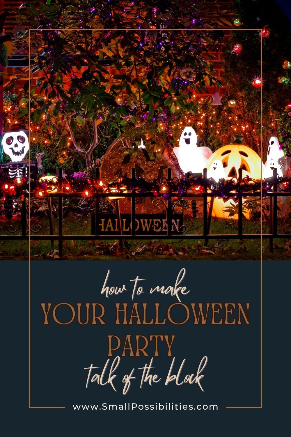 How to make your Halloween party talk of the block, the picture is of a gate with a brightly decorate halloween yard.