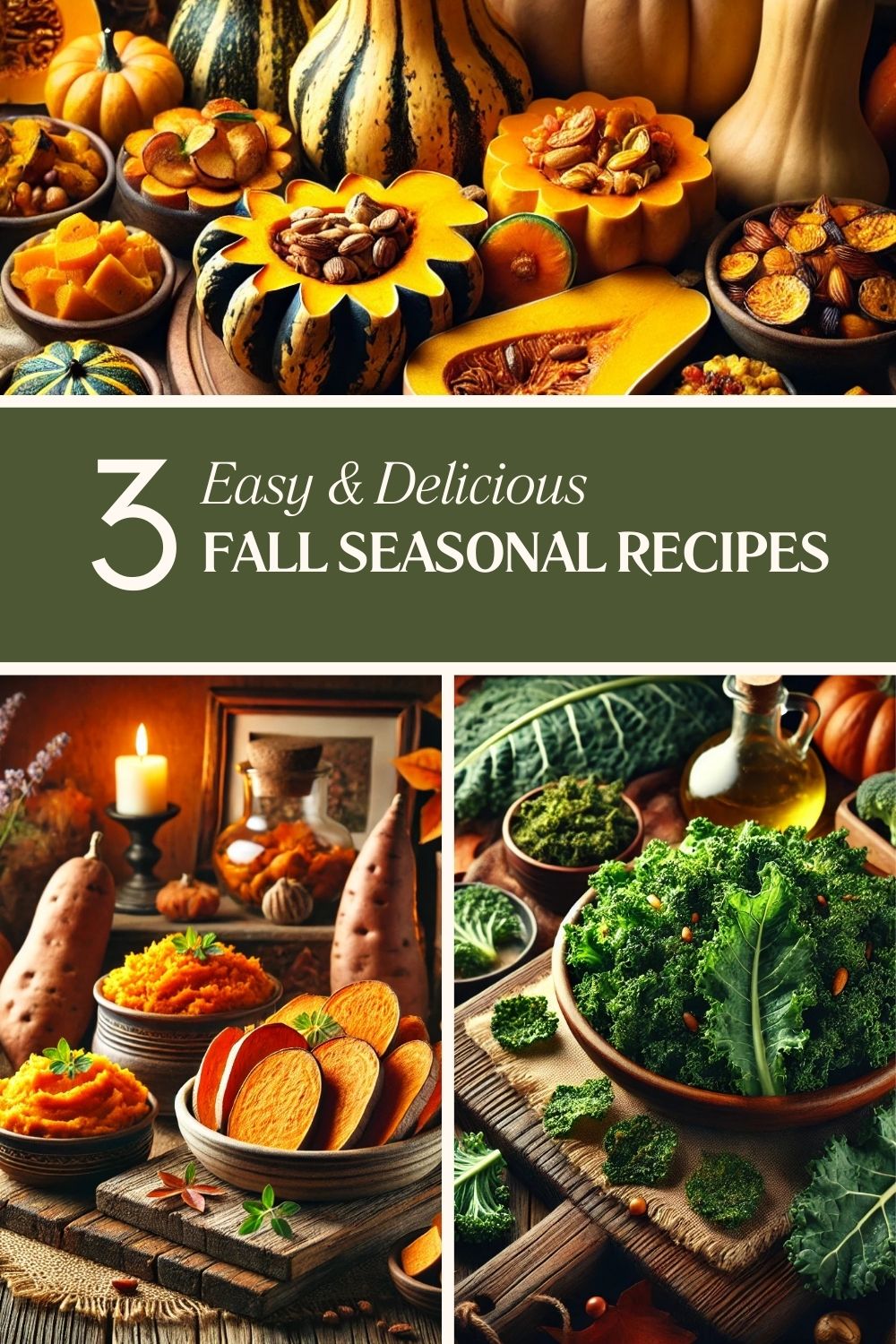 “3 Easy and Delicious Fall Seasonal Recipes” Collage of the different recipes and ingredients from this article, squashes, kale and sweet potatoes.