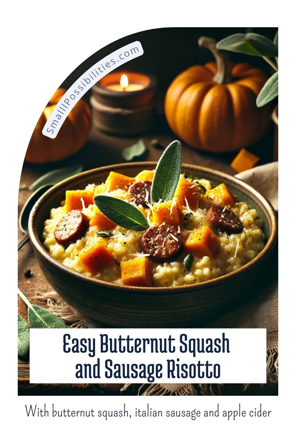Bowl of creamy butternut squash and sausage risotto, garnished with sage. A warm, comforting one-pot meal ideal for fall and winter dinners.