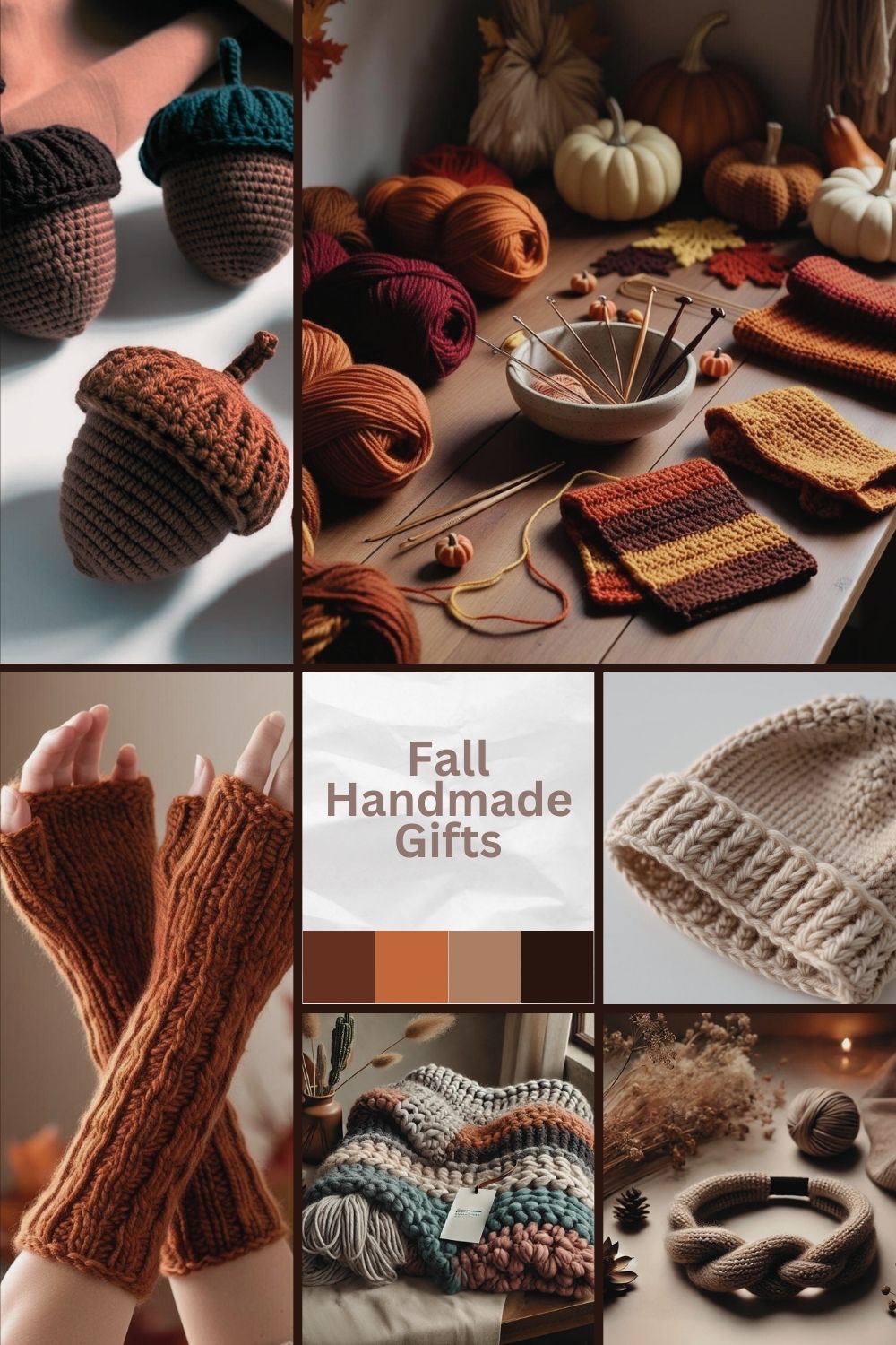 Inspiration collage featuring fall handmade gifts including knitted fingerless gloves, cozy hats, and warm scarves. Explore ideas for thoughtful fall crafts and DIY gifts.